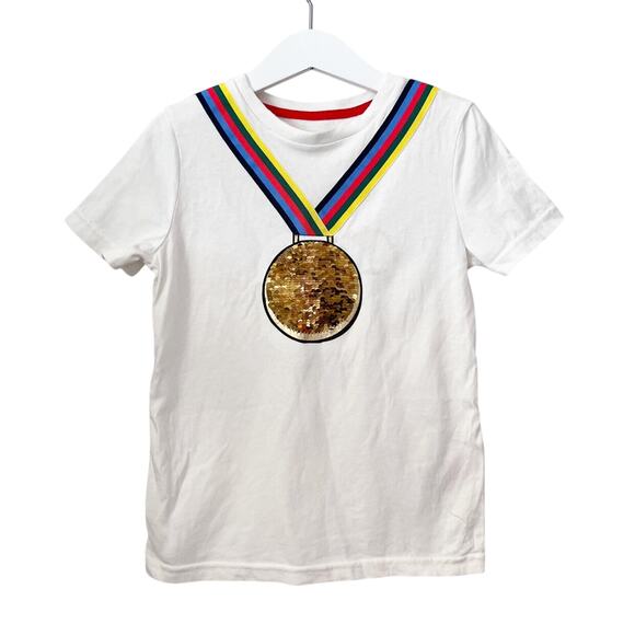 Mini Boden Union Jack Flip Sequin Medal Tee - 5-6 - Picture 1 of 6